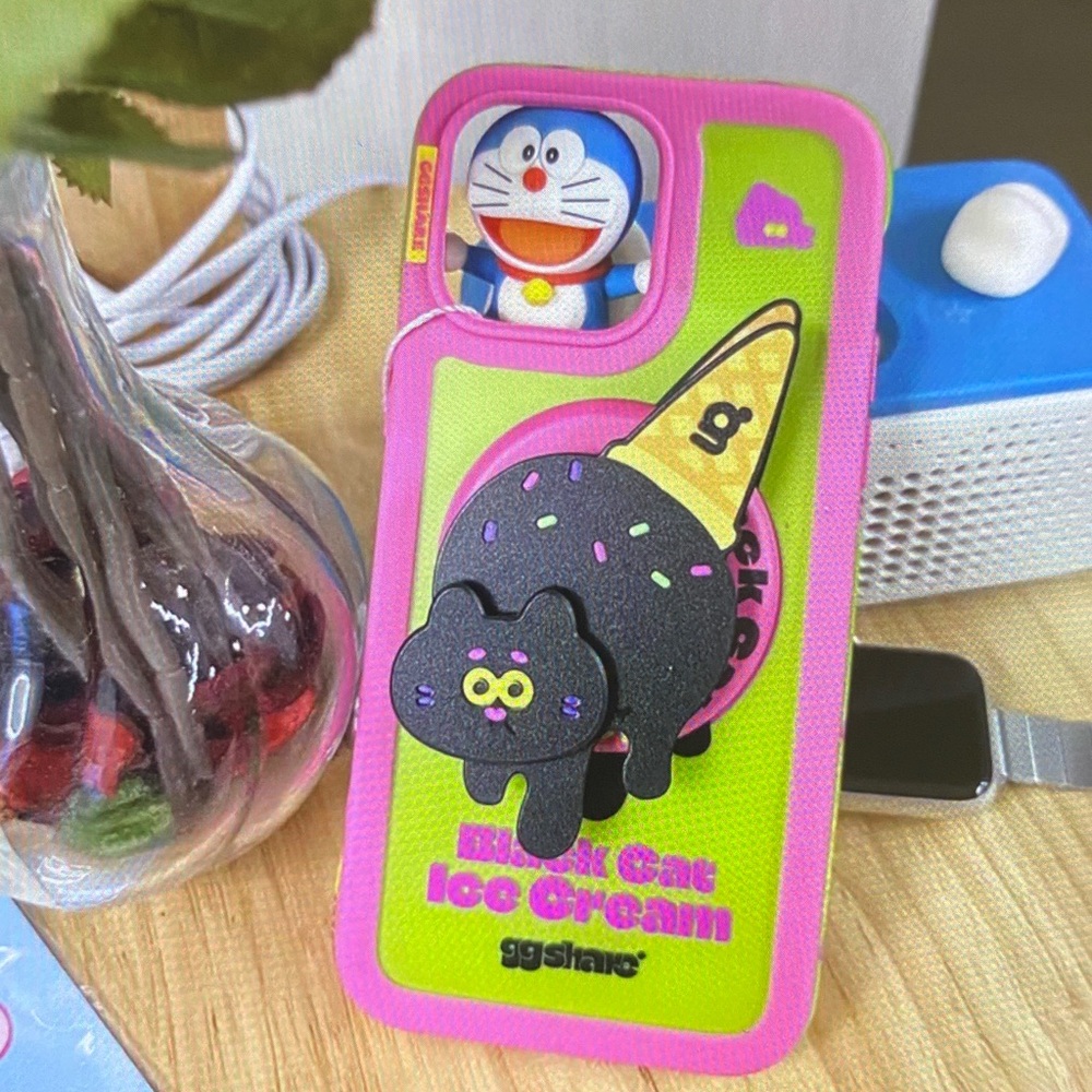 Black Cat Ice Cream Phone Case - Pink and Green